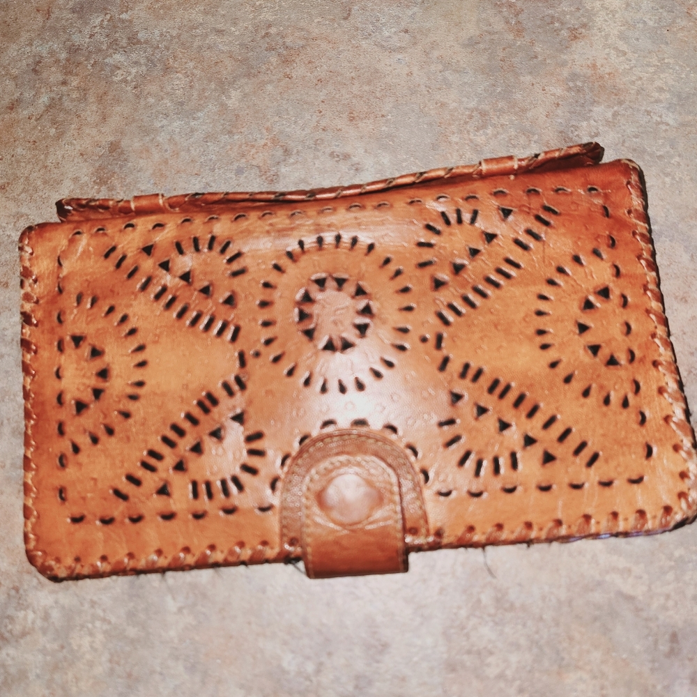 Vintage Leather Billfold Clutch w Handle By Designer Cleobella Mexico